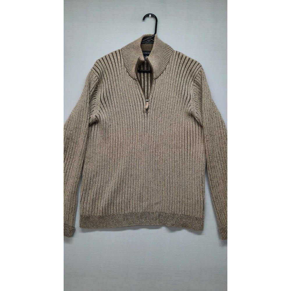 Calvin Klein 1/4 Zip Mens Large Beige Long Sleeve Sweater Pullover Heavy Cotton
